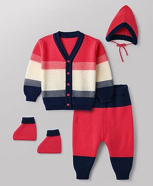 Babyhug Knit Sweater Set Full Sleeves with With Mittens & Cap and Color Block Design in Dark Pink