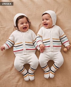 Babyhug Knit Full Sleeves Striped Sweater Set with Cap & Mittens - Offwhite