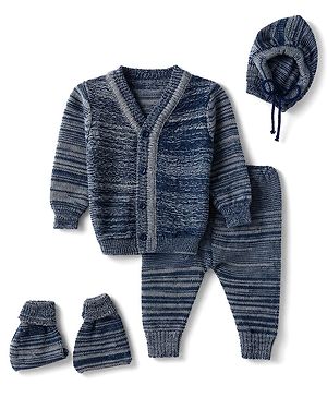 Babyhug Knit Full Sleeves Sweater Set with Cap & Mittens - Navy Blue