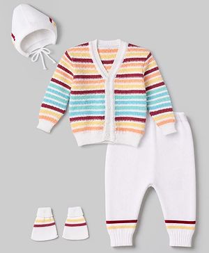 Babyhug Knit Full Sleeves Striped Sweater Set - White