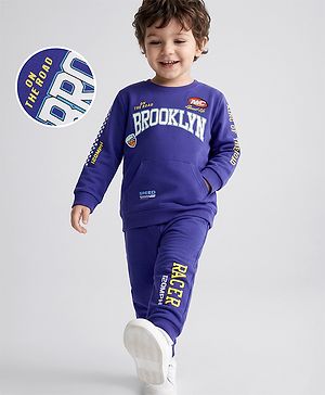Babyhug 100% Cotton Terry Knit Full Sleeves Text Printed T-Shirt & Lounge Pant Set - Purple