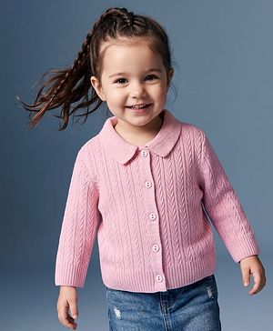 Babyhug Select Knit Full Sleeves Solid Colour Collar Neck Front Open Sweater with Cable Knit Design - Pink
