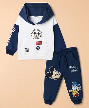 Babyhug Disney Terry Knit Full Sleeves Hooded T-shirt and Joggers Set With Mickey Mouse Graphic - Navy Blue