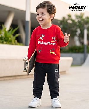 Babyhug Disney Terry Knit Full Sleeves T-Shirt With Mickey And Friends Graphic & Joggers - Red & Black