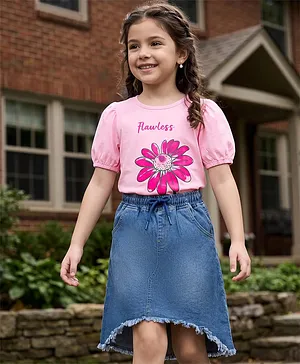 Ollington St. Cotton Sinker Knit Half Puffed Sleeves Floral Printed Top & Denim Skirt - Pink & Blue