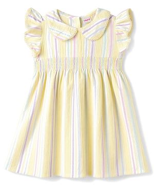 Babyhug Cotton Woven Frill Sleeves Striped One Piece Dresses - Yellow