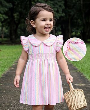 Babyhug Woven Frill Sleeves Peter Pan Collared Smocked Striped Frock - Pink