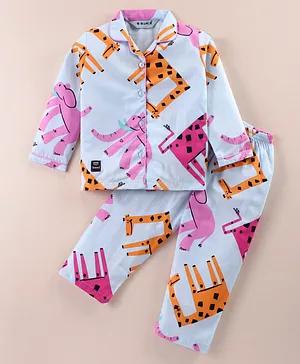 Enfance Core Cotton Woven Full
                              Sleeves Animal Printed Co-Ords Shirt &
                              Pyjama Night Suit - Light Blue