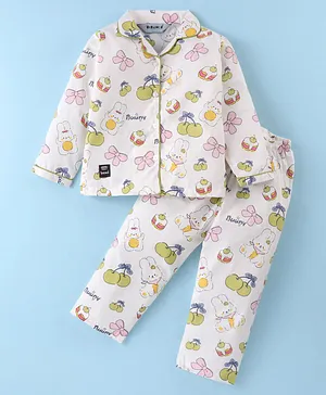 Enfance Core Cotton Woven Full
                              Sleeves Bunny Printed Co-Ords Shirt &
                              Pyjama Night Suit - Green