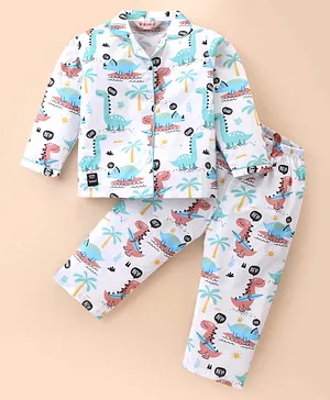 Enfance Core Cotton Woven Full
                              Sleeves Dino Printed Co-Ords Shirt &
                              Pyjama Night Suit - Light Blue
