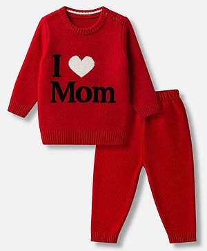 Babyhug Knit Full Sleeves Sweater Set With I Love Mom Design - Red