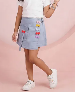 Kiddopanti Denim Bow Applique
                              Detailed Skort - Ice Wash Blue
