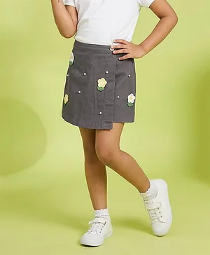 Kiddopanti Cotton Woven Crochet Pearl
                              Embellished Floral Applique Detailed Skort
                              - Dark Grey