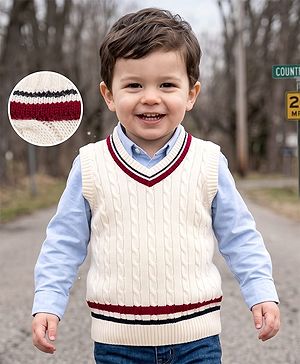 Babyhug Knit Sleeveless Sweater Vests With Cable Knit Design - White