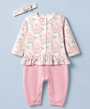 Babyhug 100% Cotton Interlock Knit Full Sleeves Romper With Floral Print & Headband - Pink