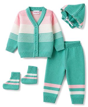 Babyhug Knit Full Sleeves Striped Sweater Set With Cap & Booties - Mint