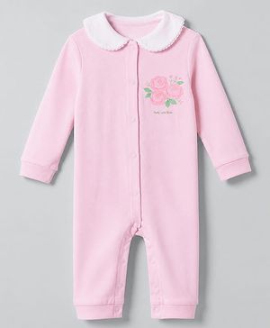 Babyhug 100% Cotton Knit Full Sleeves Romper With Floral Print - Pink