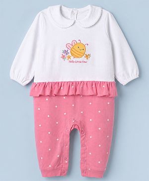 Babyhug 100% Cotton Interlock Knit Full Sleeves Romper with Frill Details and Polka Dots Print with Honey Bee Embroidered Patch - White & Pink