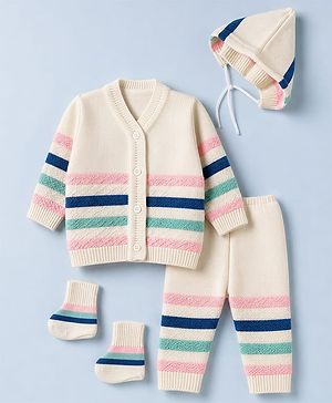 Babyhug Knit Striped Full Sleeves Baby Sweater Set with Cap & Booties - White