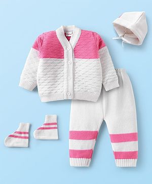 Babyhug Knit Full Sleeves Striped Sweater Set with Cap & Booties - Pink