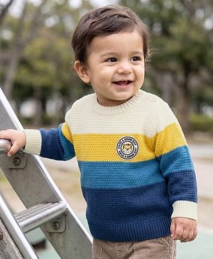 Babyhug Knit Full Sleeves Color Block Regular Pullovers with Have a Good Day Tiger Patch - Blue, Yellow