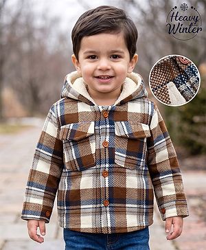 Babyhug Woven Full Sleeves Checked Hoodies - Brown