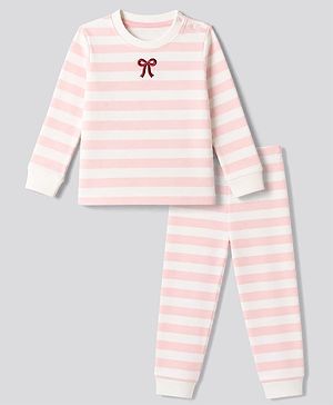 Bonfino 100% Cotton Knit Full Sleeves Striped T-Shirt & Pyjama Night Suit with Bow Embroidery - White