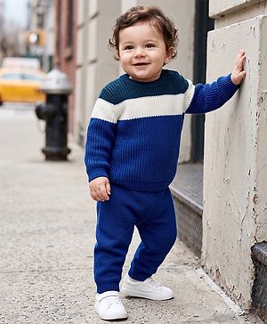 Babyhug Knit Full Sleeves Sweater Set with Color Block Design in Blue