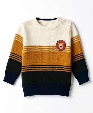Babyhug Knit Full Sleeves Pullover with Colour Block Design & Lion Patch - Mustard/Olive Green