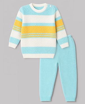 Babyhug Knit Full Sleeves Striped Sweater Set - Sky Blue