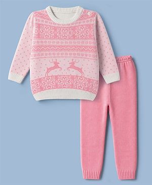 Babyhug Knit Full Sleeves Sweater Set with Floral & Rain Bear Design - Pink