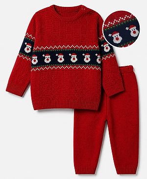 Babyhug Knit Full Sleeves Sweater Set With Santa Claus Design - Red