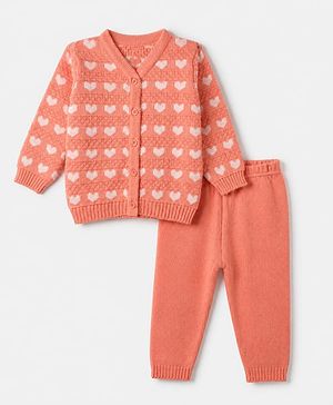 Babyhug Knitwear Sweater and Pant Full Sleeves with Full Length and Hearts Design in Peach for 3-6 Months