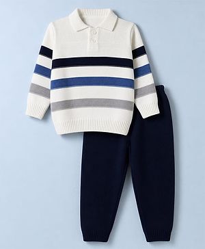 Babyhug Knit Striped Full Sleeves Baby Sweater Set - White