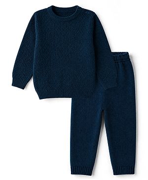 Babyhug Knit Full Sleeves Textured Sweater Set - Teal Blue