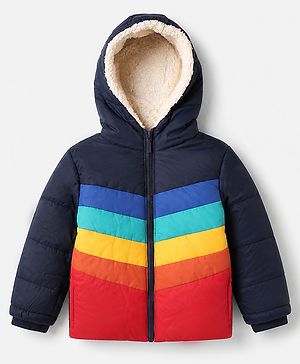 Babyhug Woven Padded Hoodie Jacket with Full Sleeves and Chevron Stripes Print in Navy Blue