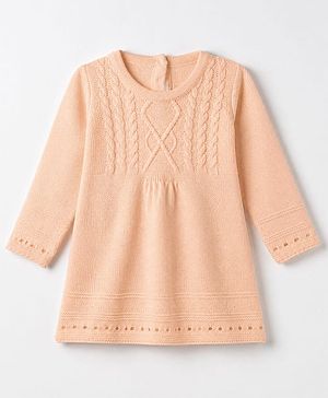 Babyhug Knit Woolen Dress with Full Sleeves and Cable Knit Design - Peach
