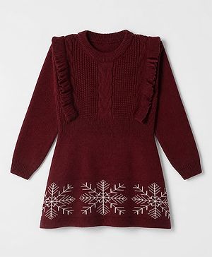Babyhug Knit Fit & Flare Woolen Dress with Full Sleeves and Snowflake Design - Maroon