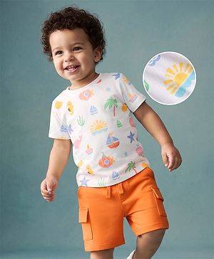 Babyhug 100% Cotton Knit Half Sleeves Sea Life & Nautical Theme Printed T-Shirt & Shorts Set - Orange & White