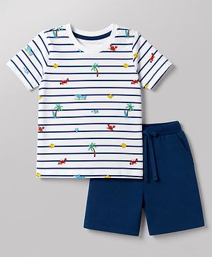Babyhug 100% Cotton Single Jersey Knit Half Sleeves T-Shirt & Shorts Set With Sea Life Print - White & Navy Blue