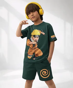 Nap Chief Cotton Blend Knit Naruto
                              Featuring Half Sleeves Character Printed
                              Oversized Tee & Shorts Set - Green