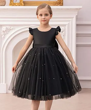 The Kids Club Cotton Blend Knit Frill
                              Sleeves Pearls Embellished Bow Applique
                              Detailed Dress - Black