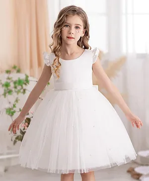 The Kids Club Cotton Blend Knit Frill
                              Sleeves Pearls Embellished Bow Applique
                              Detailed Dress - White
