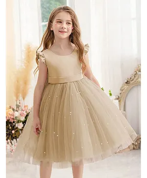 The Kids Club Cotton Blend Knit Frill Sleeves Pearls Embellished Bow Applique Detailed Dress - Cream
