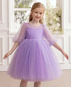The Kids Club Cotton Blend Woven Three Fourth Puffed Sleeves Pearls Embellished Bow Applique Detailed Dress - Purple