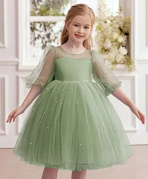 The Kids Club Cotton Blend Woven Three Fourth Puffed Sleeves Pearls Embellished Bow Applique Detailed Dress - Green