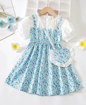 The Kids Club Cotton Blend Woven
                                  Half Puffed Sleeves Floral Printed
                                  Pinafore Styled Dress With Sling Bag -
                                  Blue