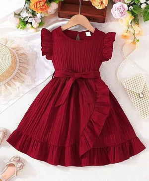 The Kids Club Cotton Blend Woven
                                  Frill Sleeves Knot Detailed Overlap
                                  Dress - Maroon
