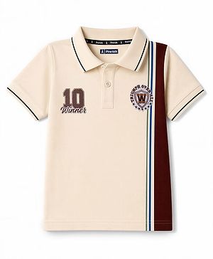 Pine Kids Cotton Knit Half Sleeves Polo T-Shirt With 10 Winner Print & Patch - Beige