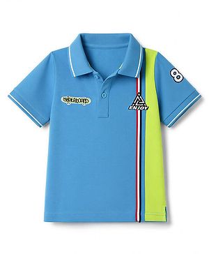 Pine Kids Cotton knit  Polo T-Shirt with Half Sleeves and Skateboard Patch  - Blue